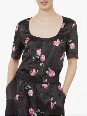 Ganni Black Crinkle Satin Floral Print Button Front Short Sleeve Top Size 36 NWT